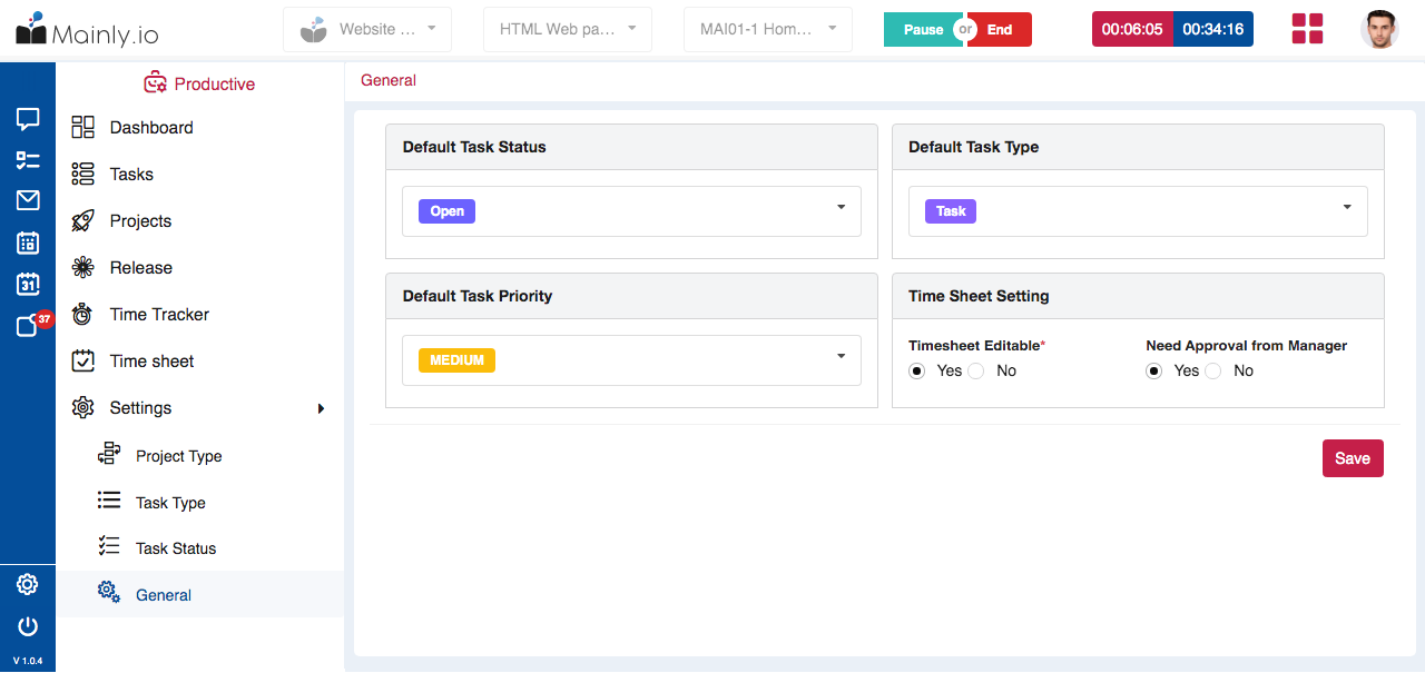 Mainly's settings screen of project management software